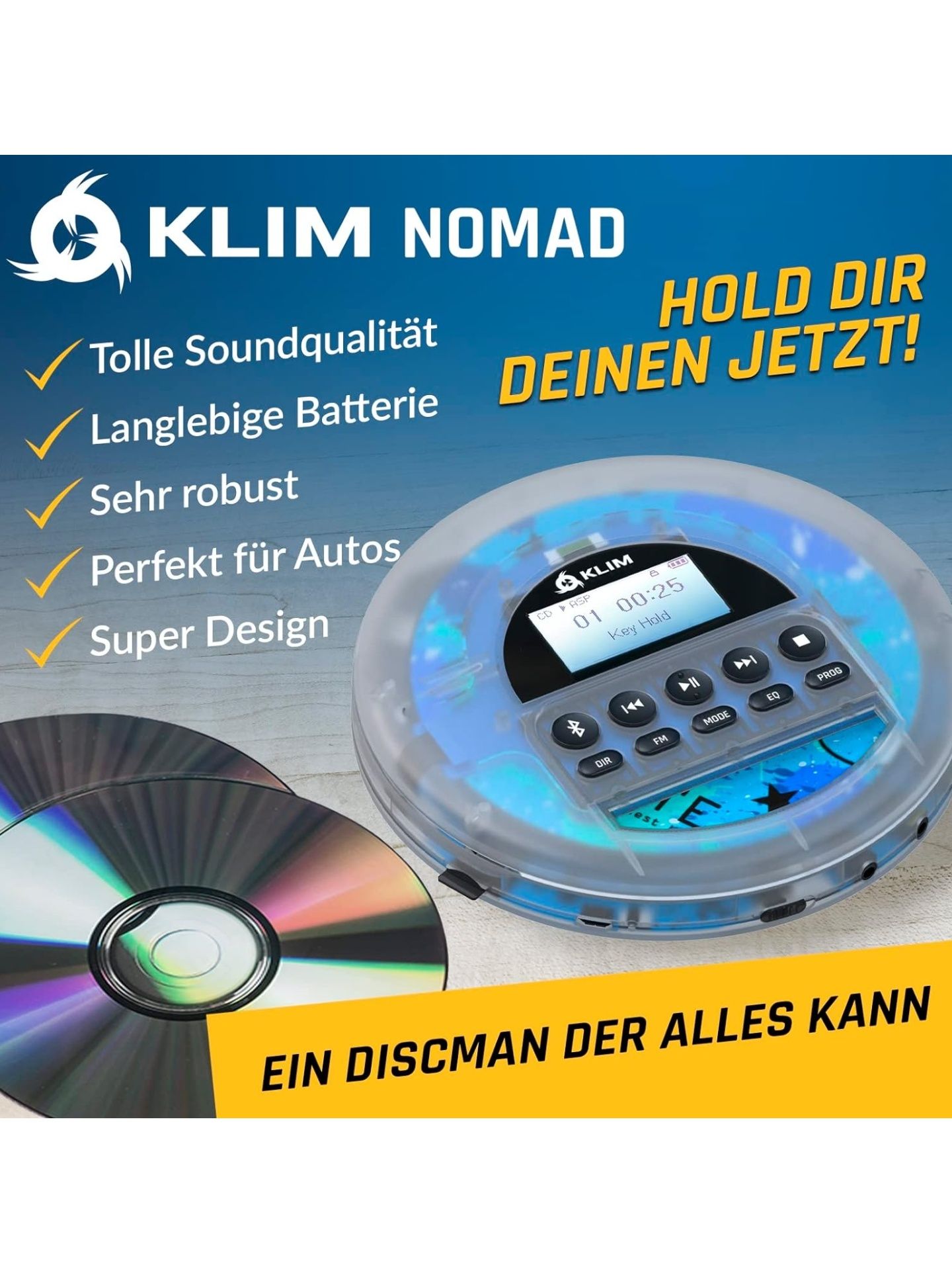 KLIM Nomad Transparent - Przenośny odtwarzacz CD Discman - Wytrzymała