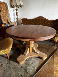 Stary dębowy okrągły stół na podstawie z litego drewna