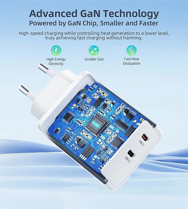 Ładowarka sieciowa Choetech PD6013/2x USB-C PD 65W GaN - biała
