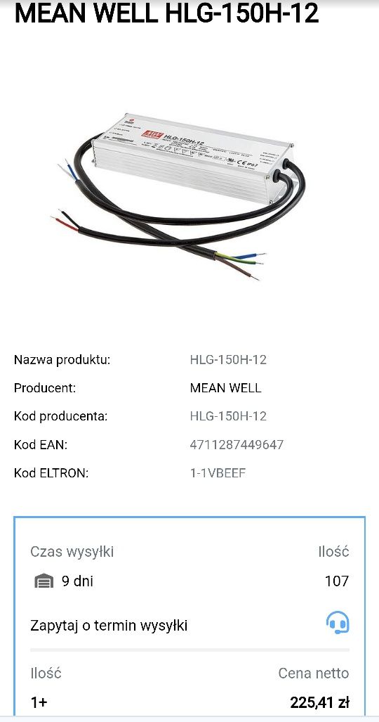 Hermetyczny zasilacz LED MeanWell 150W 12 V DC 12A