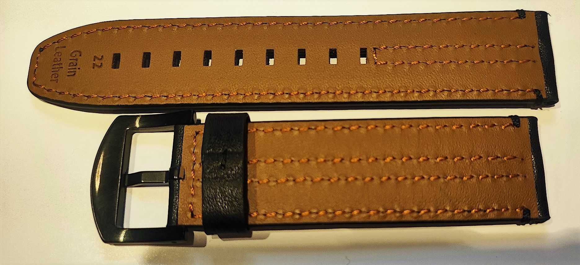 Czarny pasek skóra licowana do zegarka 22 mm przeszyty nicią
