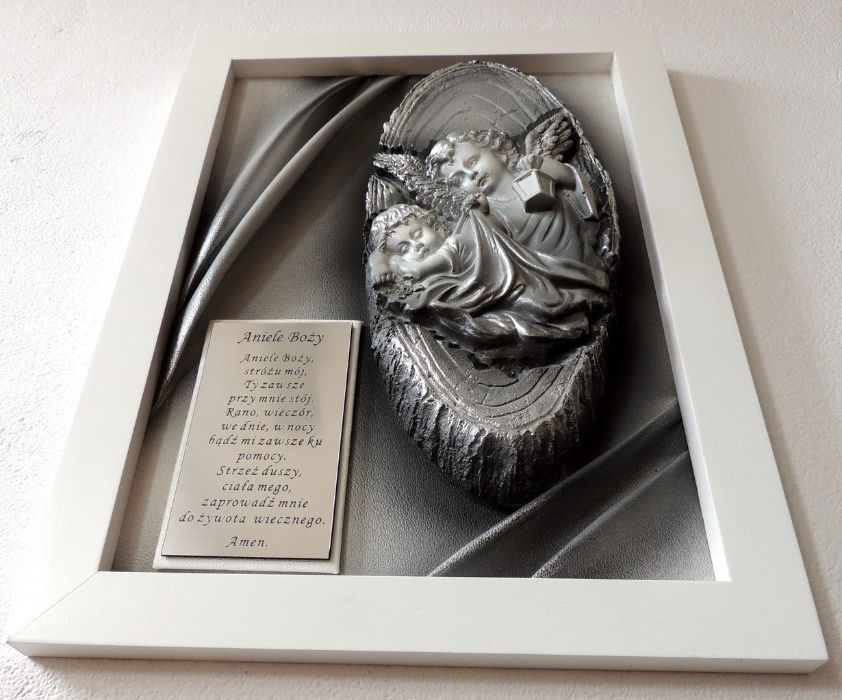 Pamiątka Chrztu posrebrzany obraz z Aniołem Stróżem  dedykacja GRAWER