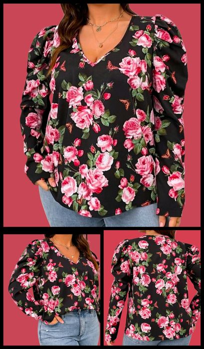 Nowa bluzka damska,czarna w kwiaty, shein 3xl