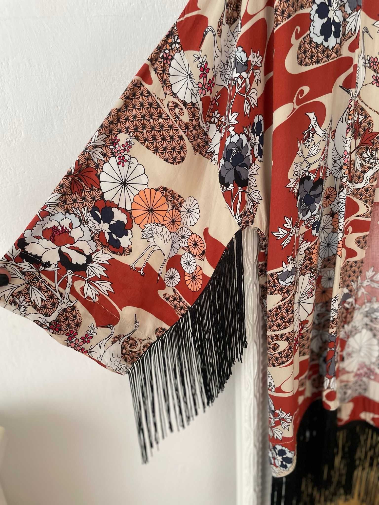 Vero Moda kimono kolorowe frędzle Japonia boho oversize wiskoza L 40