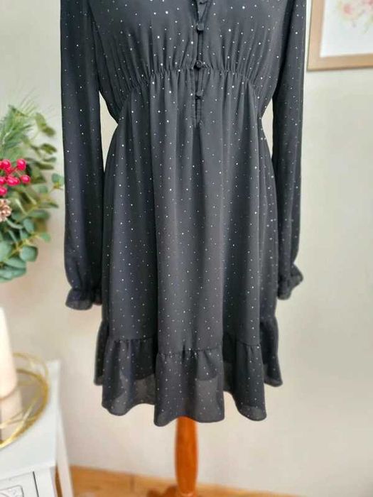 Sukienka damska czarna srebrne kropki święta sylwester Apricot M 38