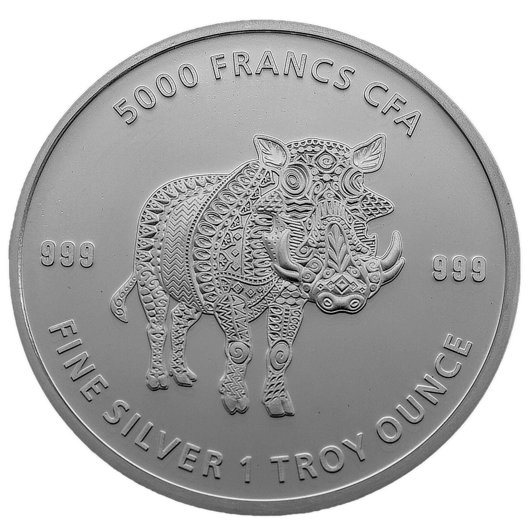Срібна монета 5 000 франків 2021 Чад 999 1 Oz Бородавочник