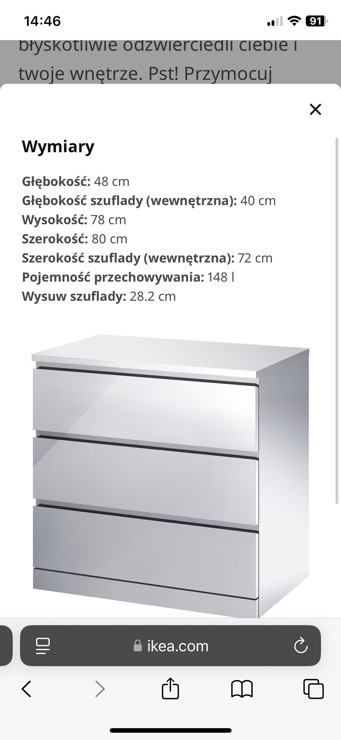 Komoda 3 szuflady Malm lustrzana srebrna Ikea