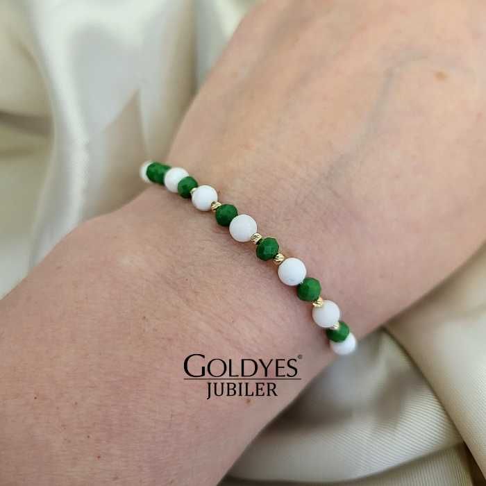 złota bransoletka na sznurku z naturalnymi kamieniami próba złota 585