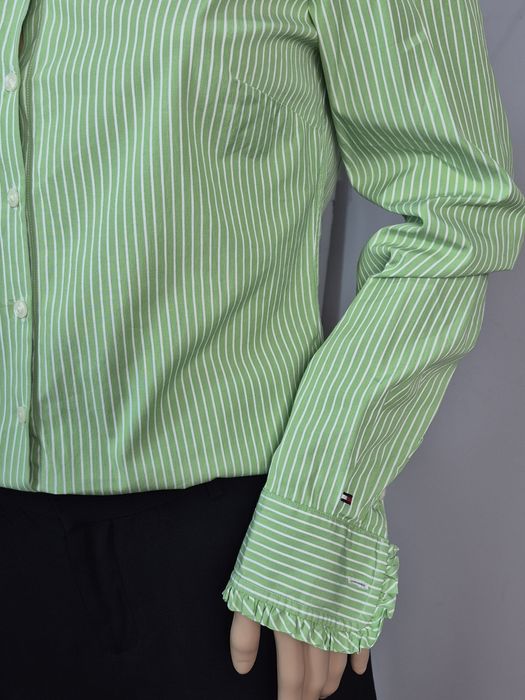 Koszula damska Tommy Hilfiger S  zielona w paski bawełniana z falbanką