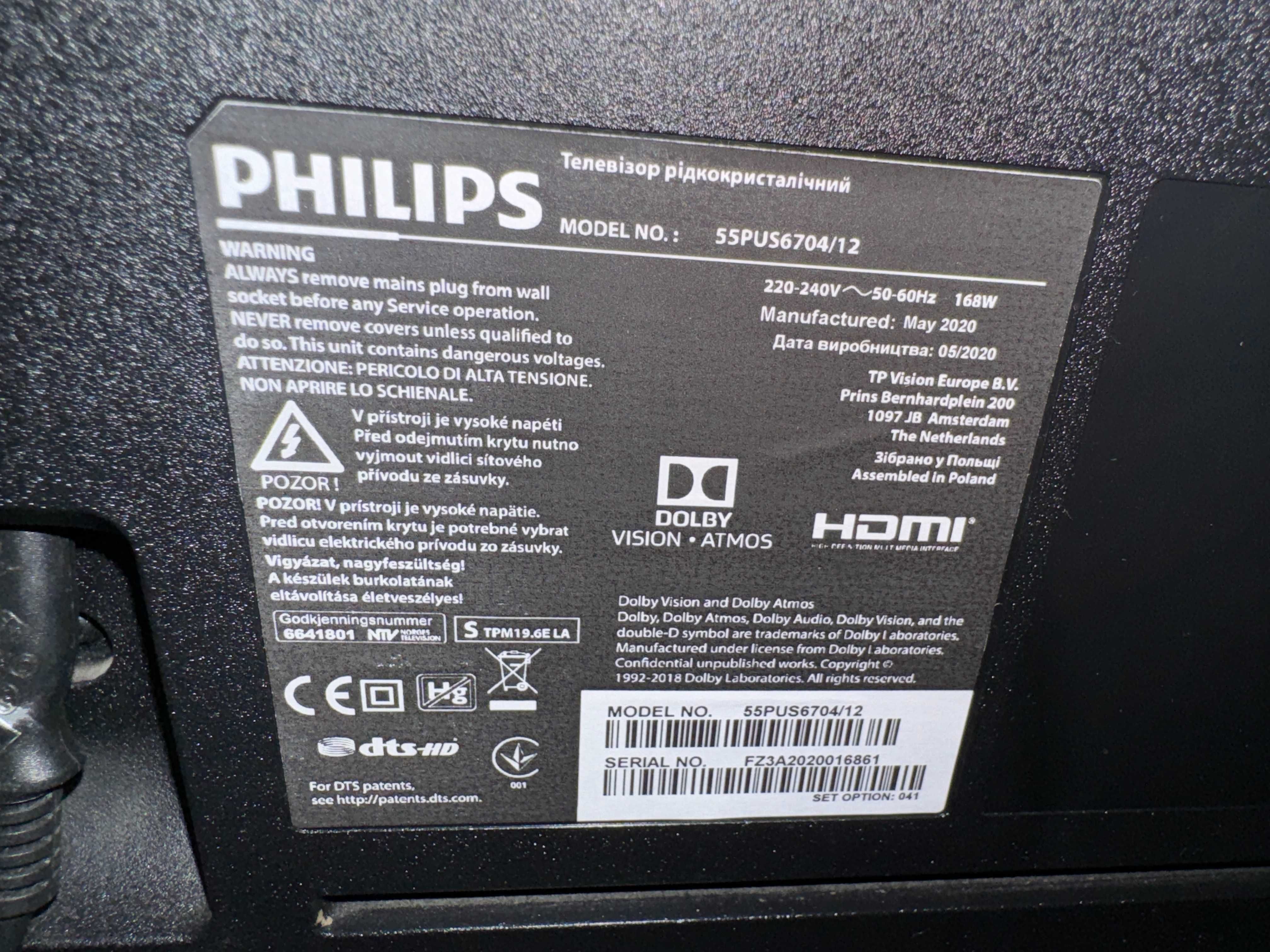 Telewizor Smart Philips 55PUS6704 Led 4K HDR AmbiLight DVBT2 55" 2021r