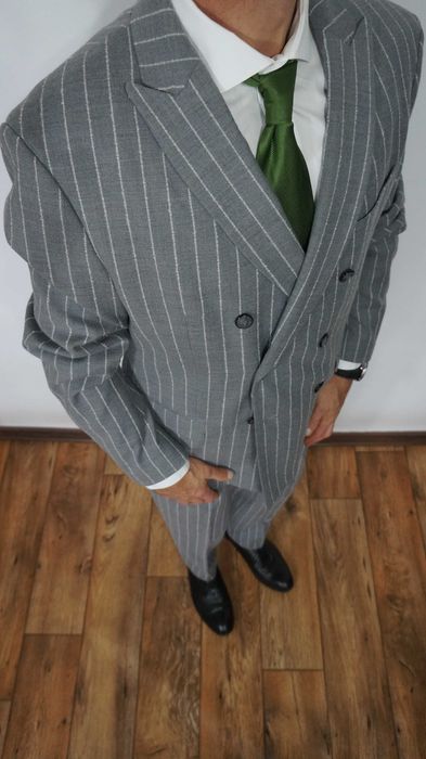 Garnitur Dwurzędowy Zara Wełna Rozmiar 54 190/108 Kolor Szary Prążki