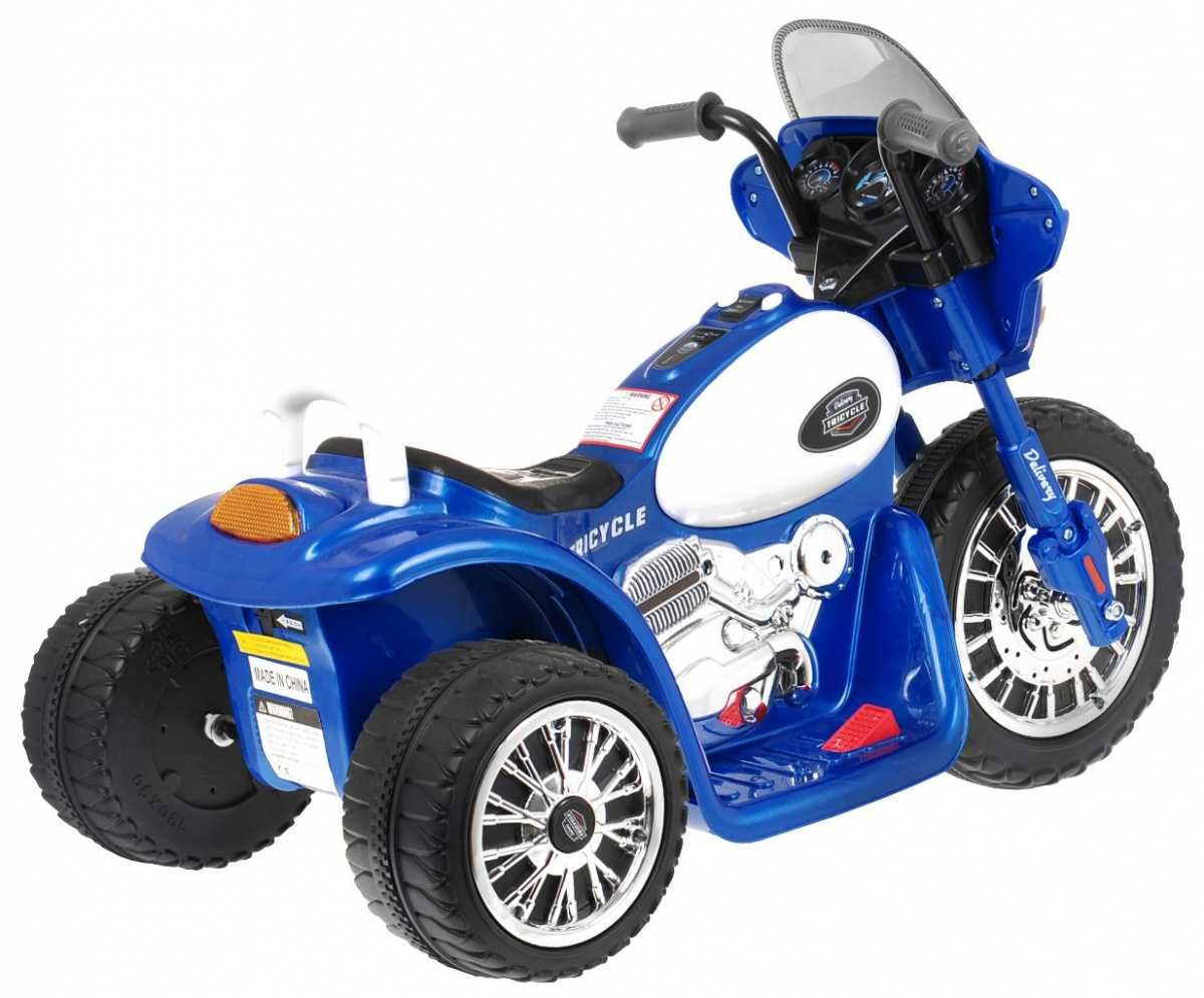 Motorek Chopper na akumulator dla dzieci Niebieski 3 koła Dźwięki LED