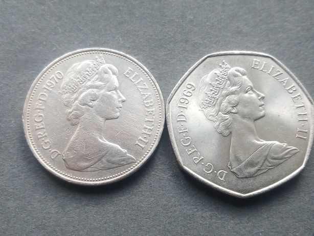 2 moedas de 10 e 50 Pences de 1970/1969 da Rainha Isabel II