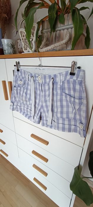 Krótkie spodenki szorty w kratkę fioletowo-białe Crew Clothing rozm. M