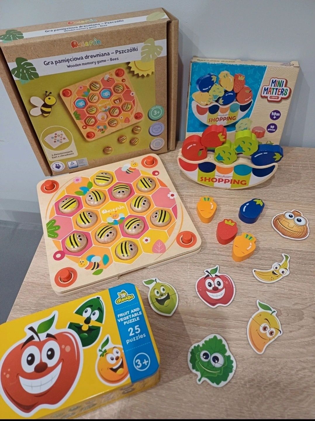 Drewniany zestaw Montessori,memory, drewniane puzzle owoce i warzywa,p