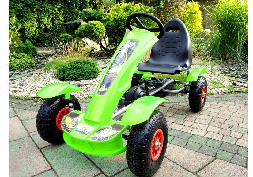 Gokart na pedały pompowane koła hamulec metalowa rama zielony 107cm