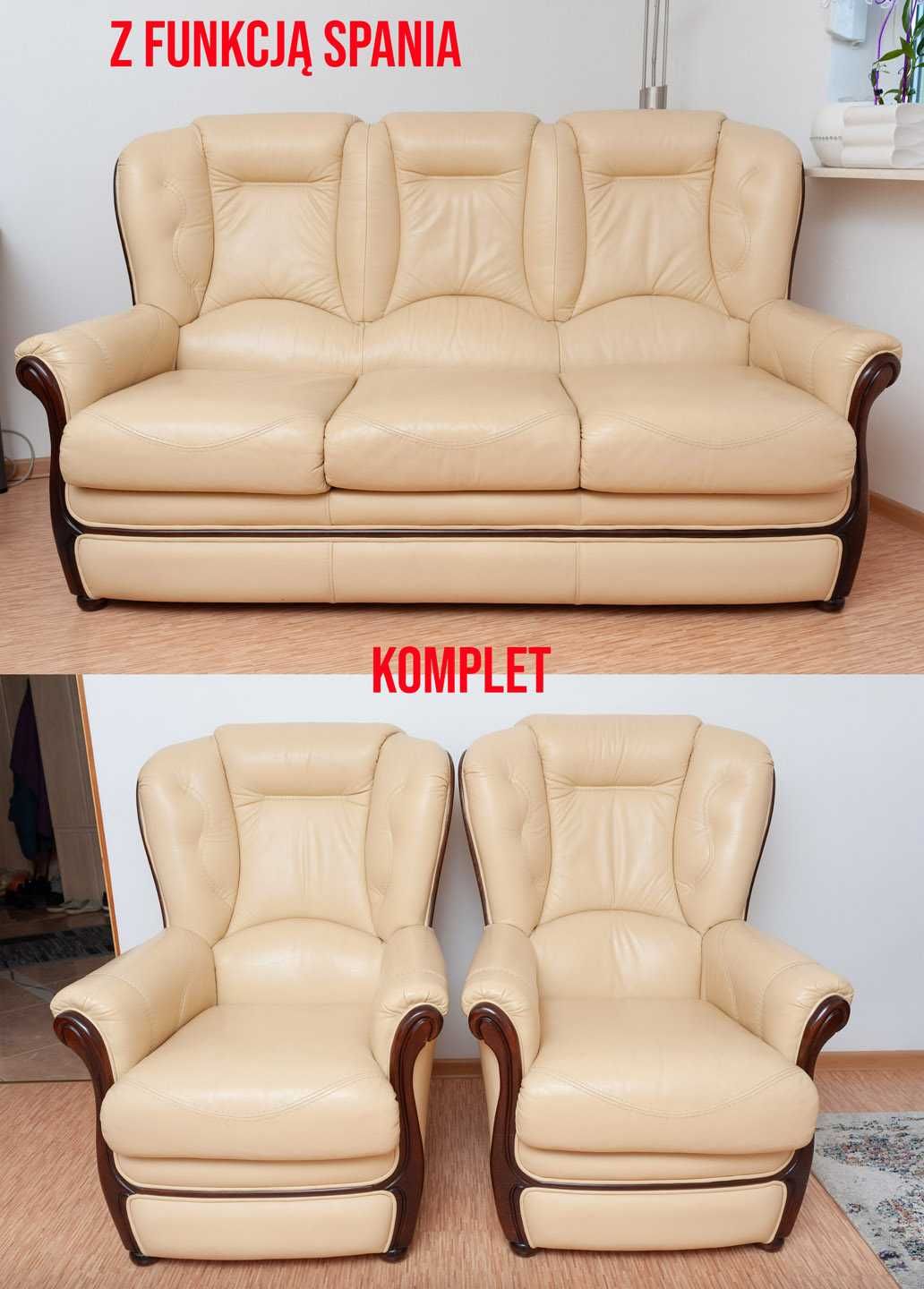 Zestaw mebli skórzanych - Sofa z funkcją spania + 2 fotele