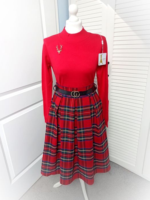 Spódnica midi krata czerwień Święta Bożego Narodzenia must-have uni