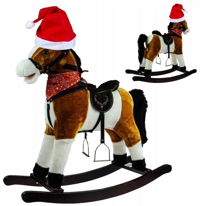 Koń na biegunach 74 cm duży bujany z dźwiękiem jasny brąz + czapka