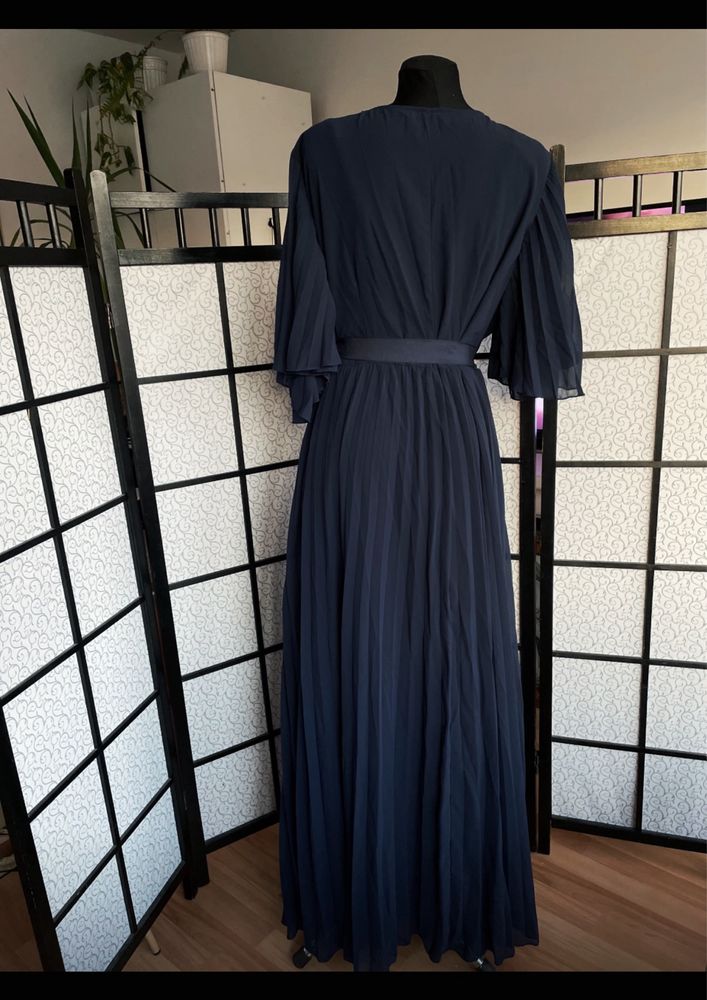 Granatowa plisowana kopertowa sukienka maxi kimono 56 8 xl asos