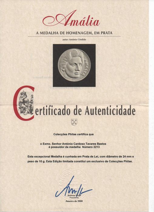 Medalha Amália Rodrigues em prata fina de 1999 da Philae