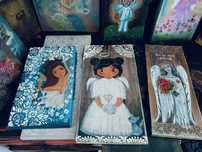 Aniołki na deskach robione metodą decoupage struktura glinka