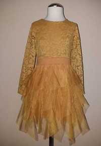 Sukienka 146/152cm koronka tiul kaskadowa miodowa musztardowa