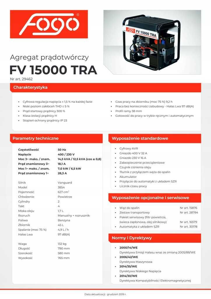 Agregat prądotwórczy FOGO FV 15000 TRA  11.6 KW  14,5 kVA