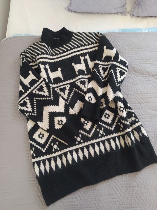 Sweter h&m 36 tunika wełna okazja biało czarny