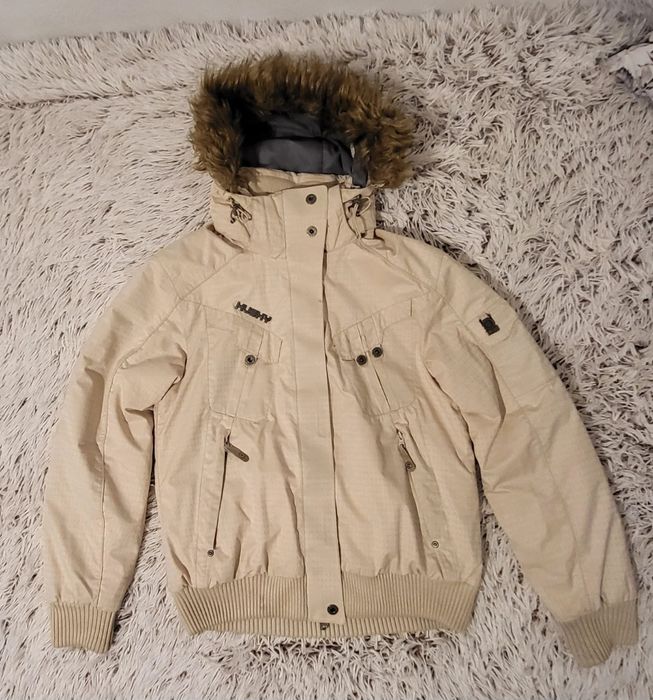 Husky damska kremowa ocieplana zimowa kurtka kaptur z futerkiem
