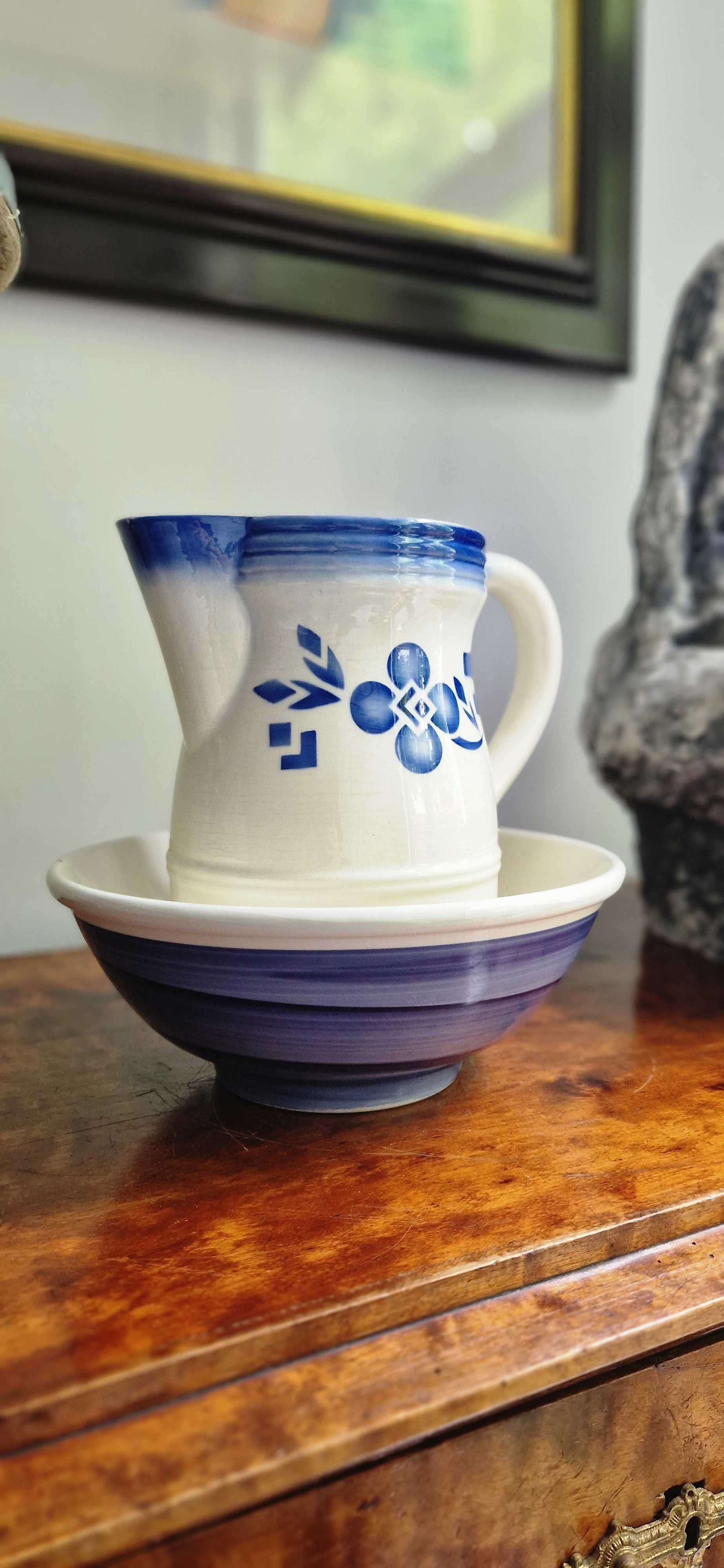 Zestaw niebieski do mycia dzbanek misa Ternana Ceramika Italy dekor
