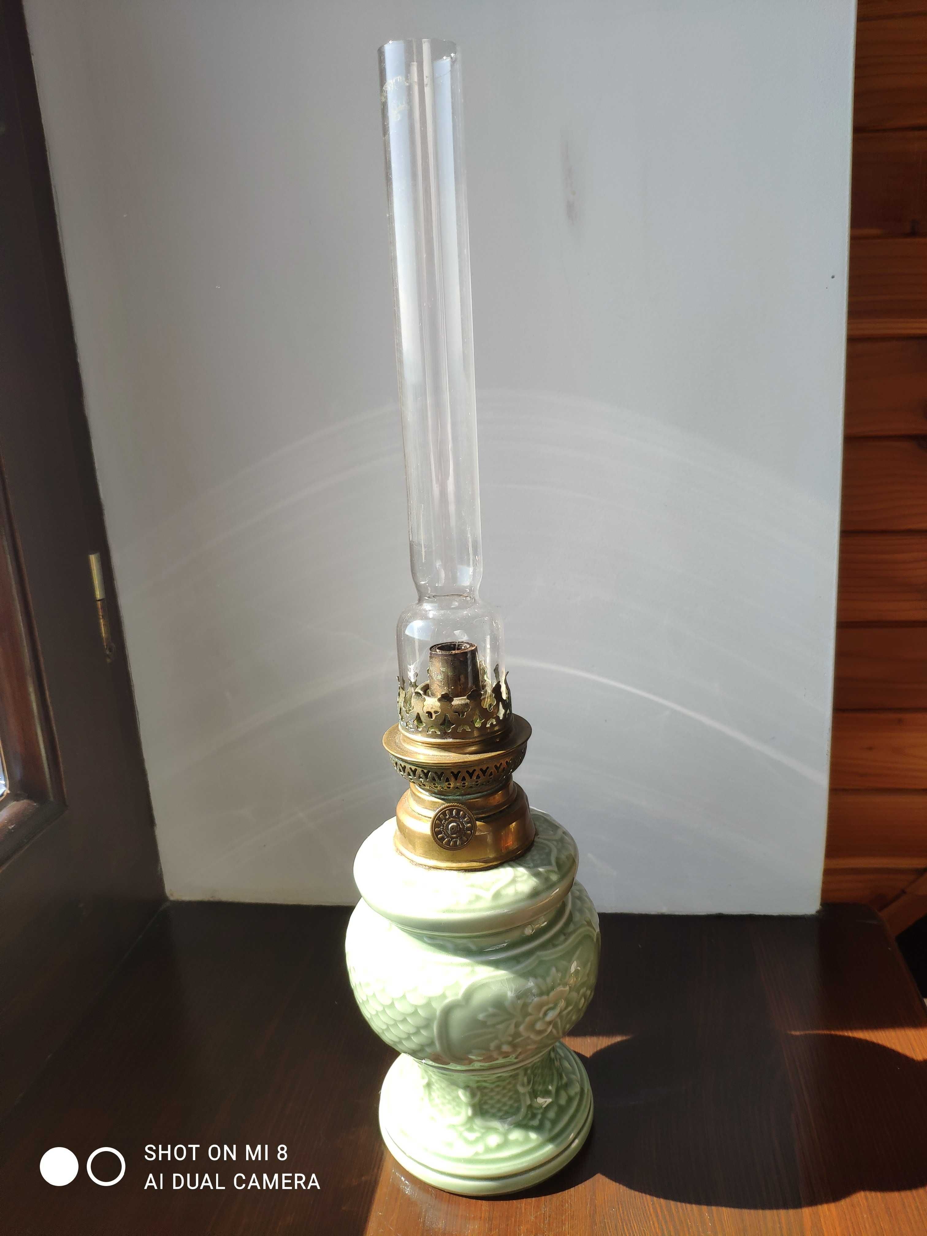 Stara francuska porcelanowa lampa naftowa seledyn