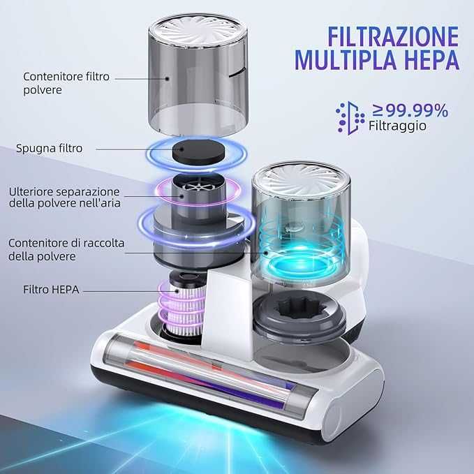JPHYLL Odkurzacz ręczny do roztoczy materacy ze światłem UV-C 16 kPa