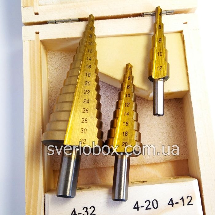 Ступенчатые сверла  РОЗН/ОПТ набор ступенчатых свёрл 4-12 4-20 4-32 мм