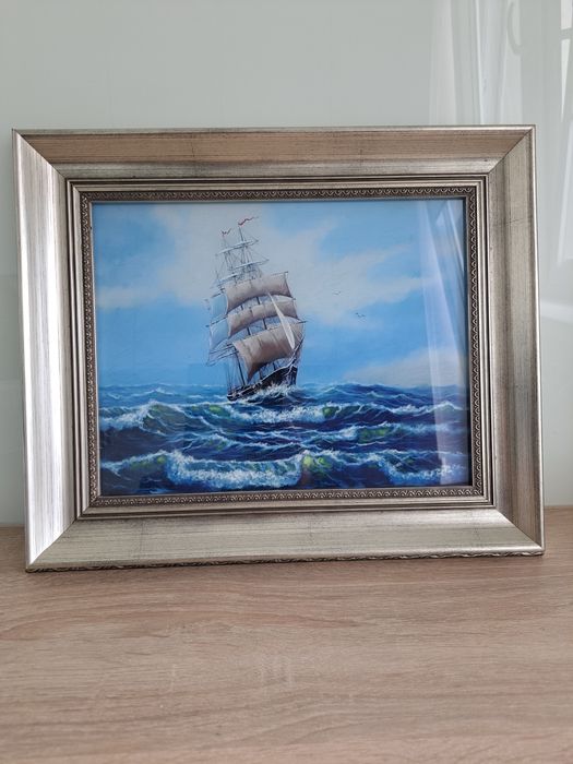 Obraz zeglowiec, statek w ramie srebrnej
