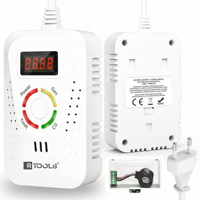 2W1 Czujnik Czadu Gazów Palnych Tlenku Węgla Alarm Dźwiękowy pod 230V