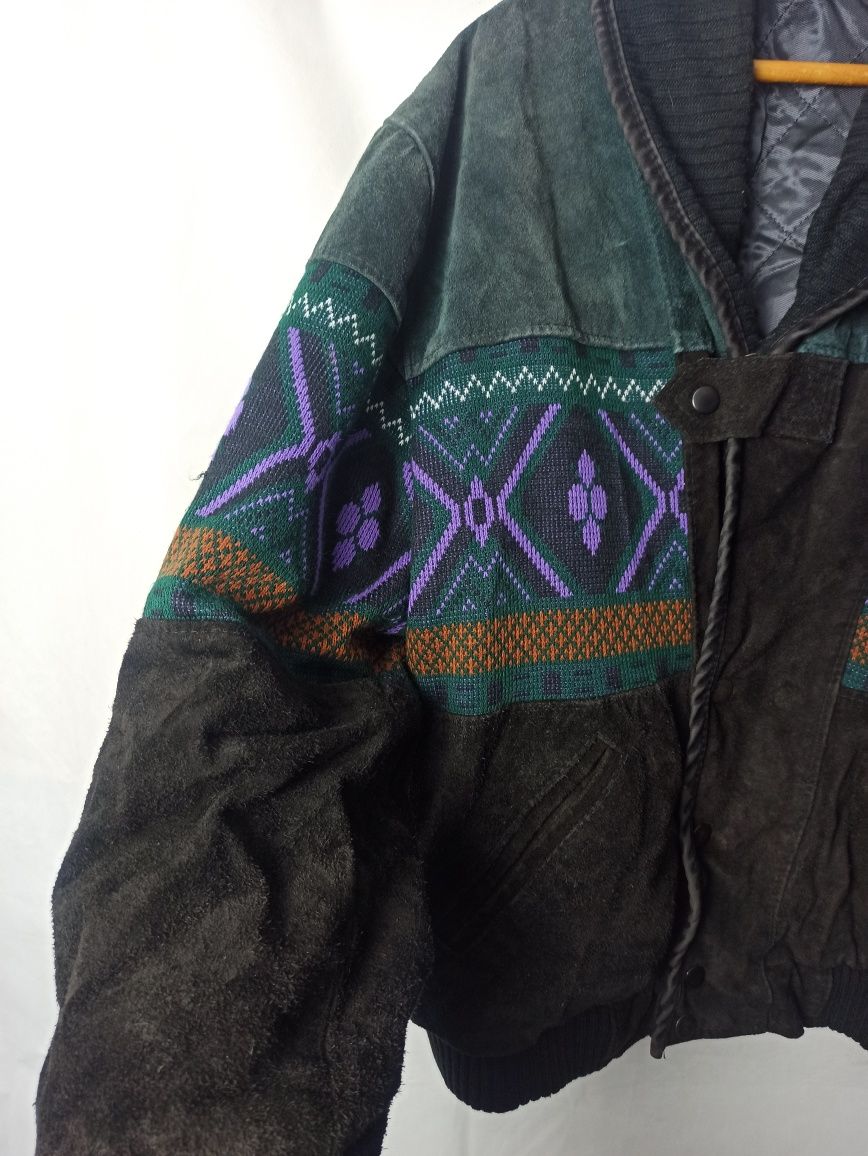 90s Vintage Retro Pattern Suede Leather Jacket Kurtka skórzana wzory