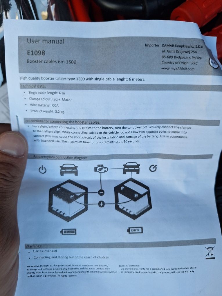Cabo para carregar bateria de carro