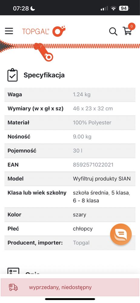 Topgal - plecak mlodzieżowy, lekki i pojemny
