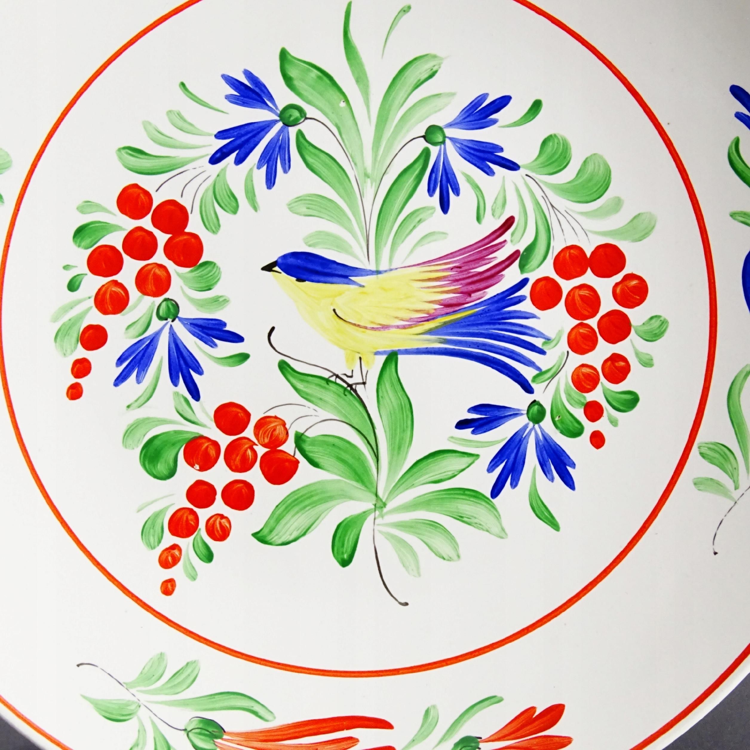 piękny stary ręcznie malowany talerz fajansowy ptak