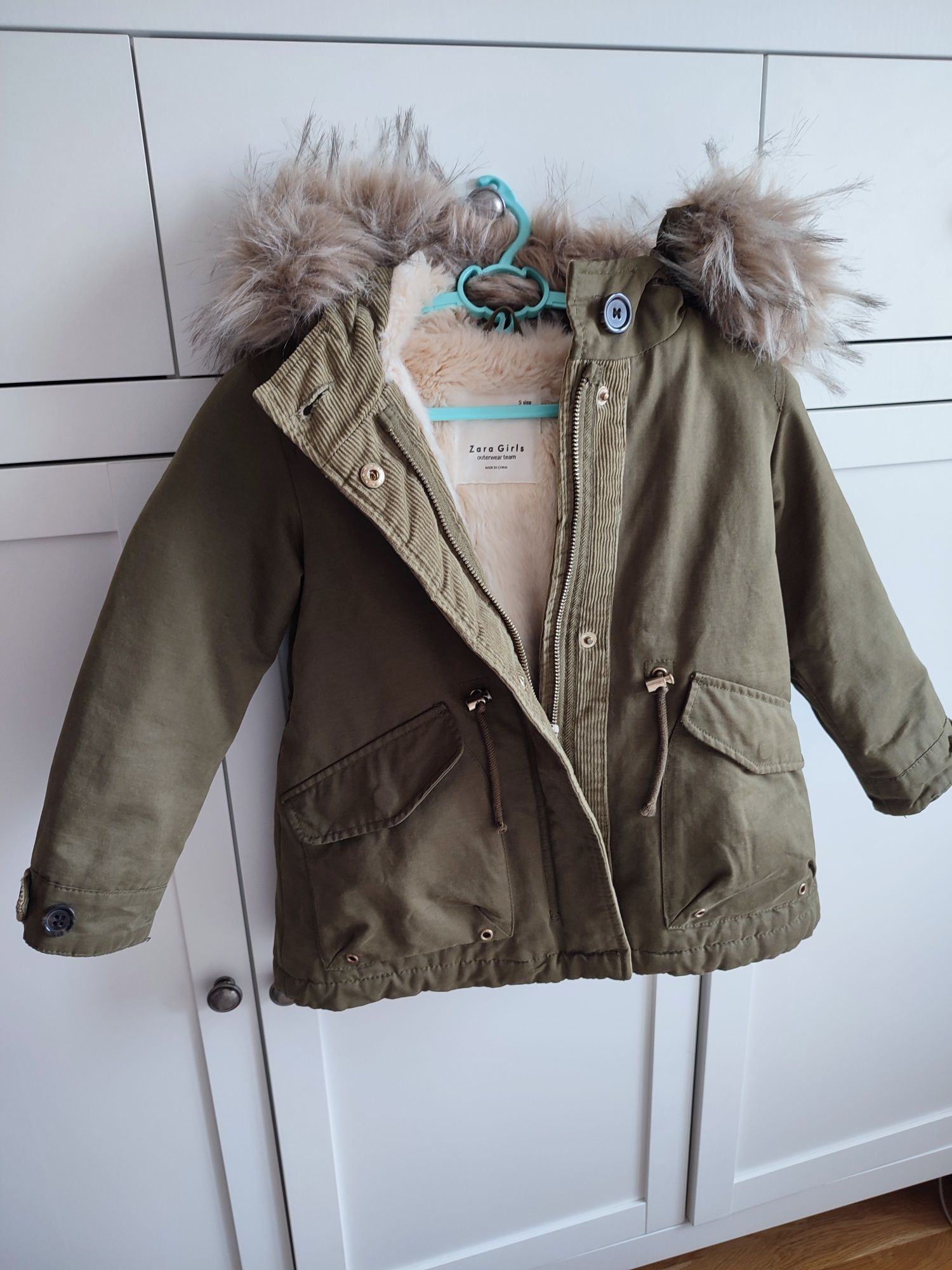 Kurtka parka Zara 110 dziewczęca khaki jesienno-zimowa