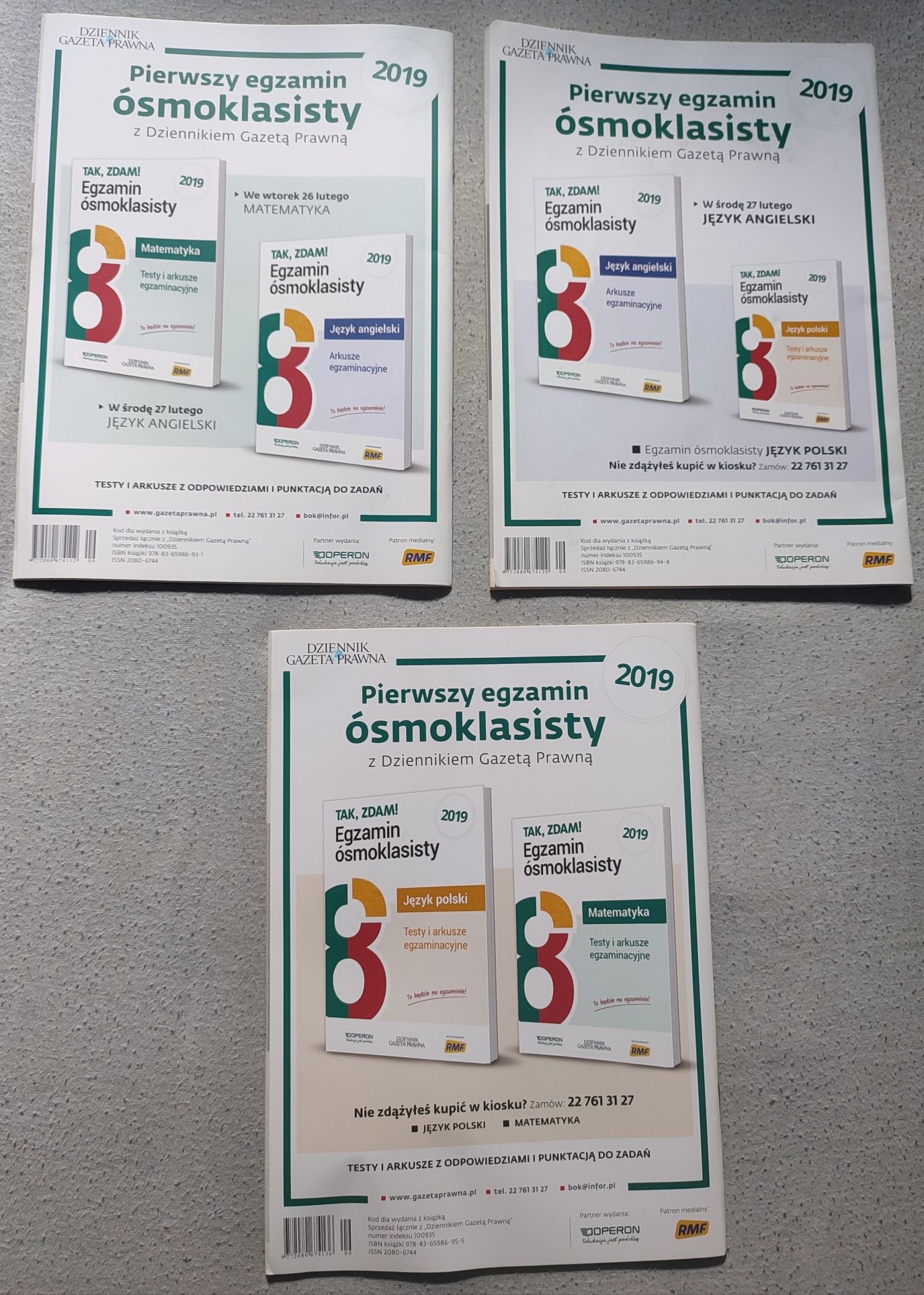 Komplet 3x „TAK, ZDAM! Egzamin ósmoklasisty” (testy, arkusze)