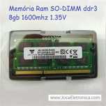Memória Ram SO-DIMM ddr3 8gb 1600mhz 1.35, 1.5V NOVA!
