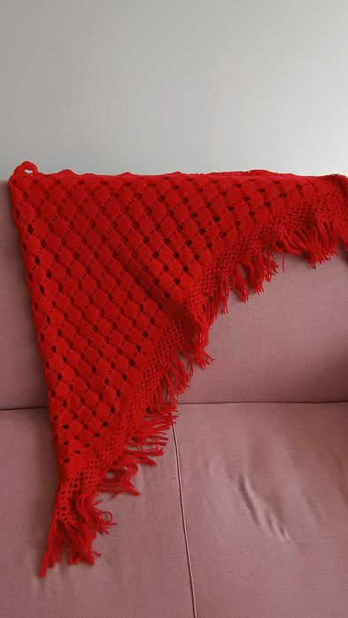 Chusta szydełkowa czerwona z brokatową nitką, vintage, handmade