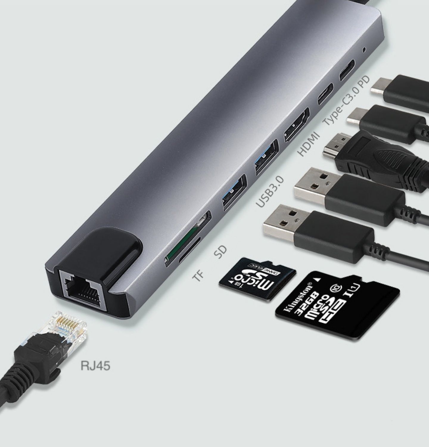 USB HUB 8in1 Хаб для макбука телефона TypeC 4kHDMI+PD+USBC+USB3.0+RJ45