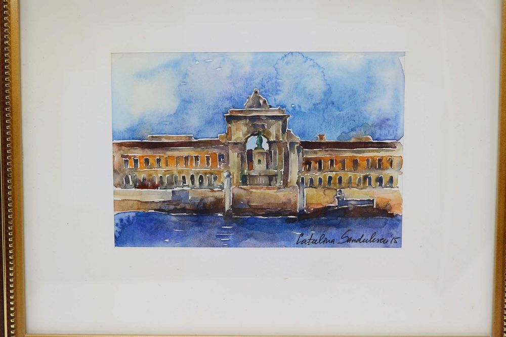 Catalina Sandulescu Aguarela s papel "Praça do Comércio" Certificado