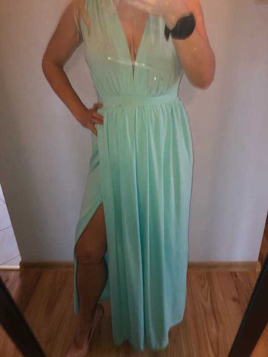 Miętowa długa sukienka 34/36 wieczorowa