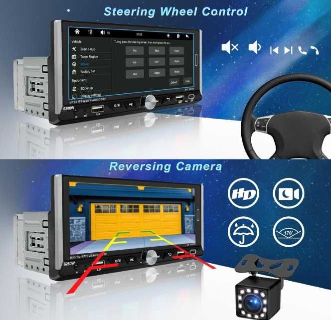 1 Din Samochodowe Radio  Apple CarPlay  6.9'' IPS dotykowy kamera navi