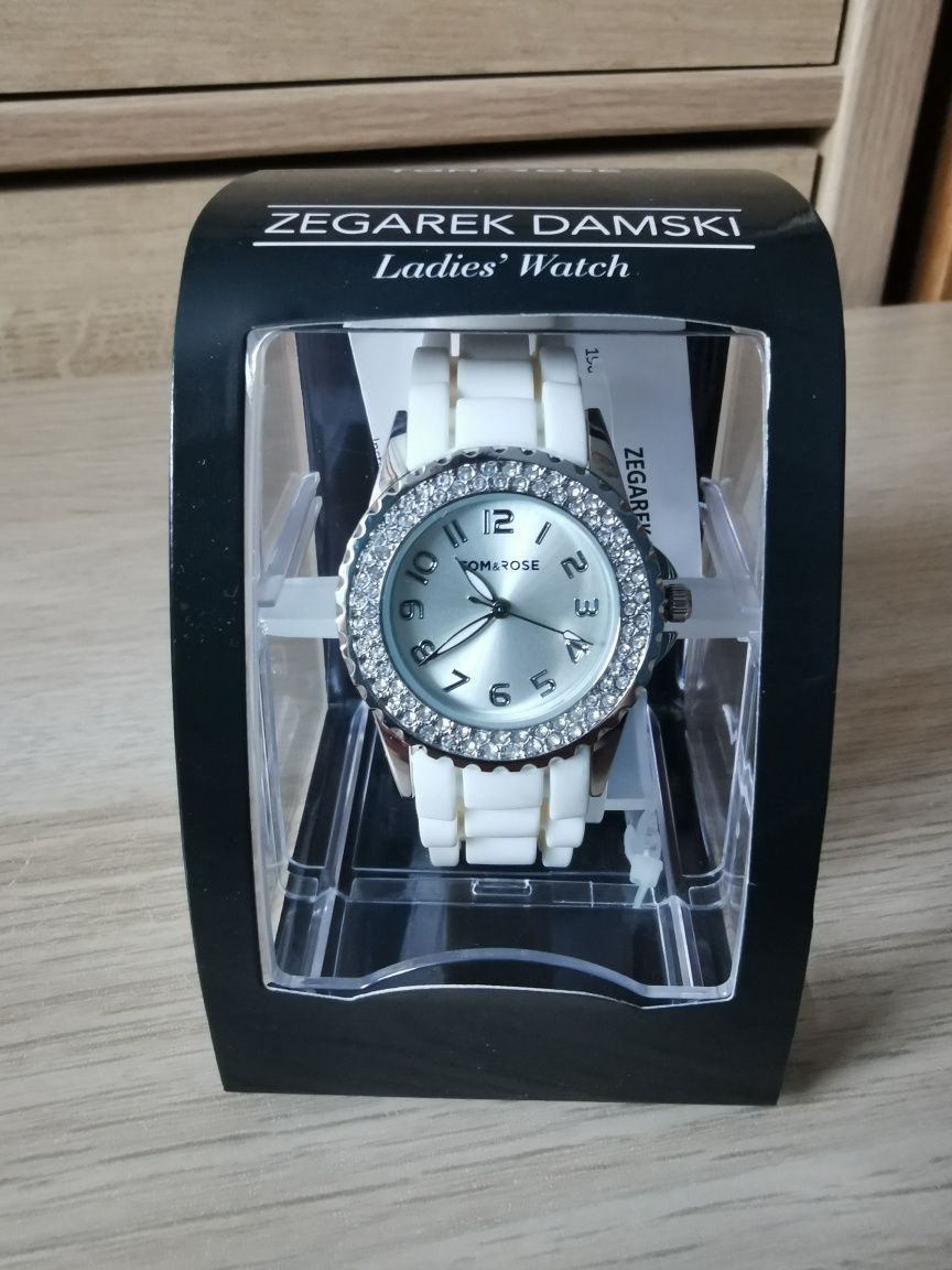 Zegarek damski biały silikonowy z diamencikami Tom&Rose