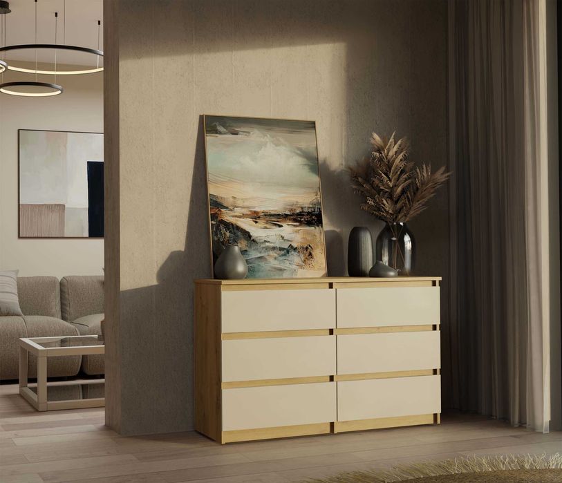 Duża Komoda M6 120 MALWA 120 cm 6 szuflad Kolor: DĄB ARTISAN / KASZMIR